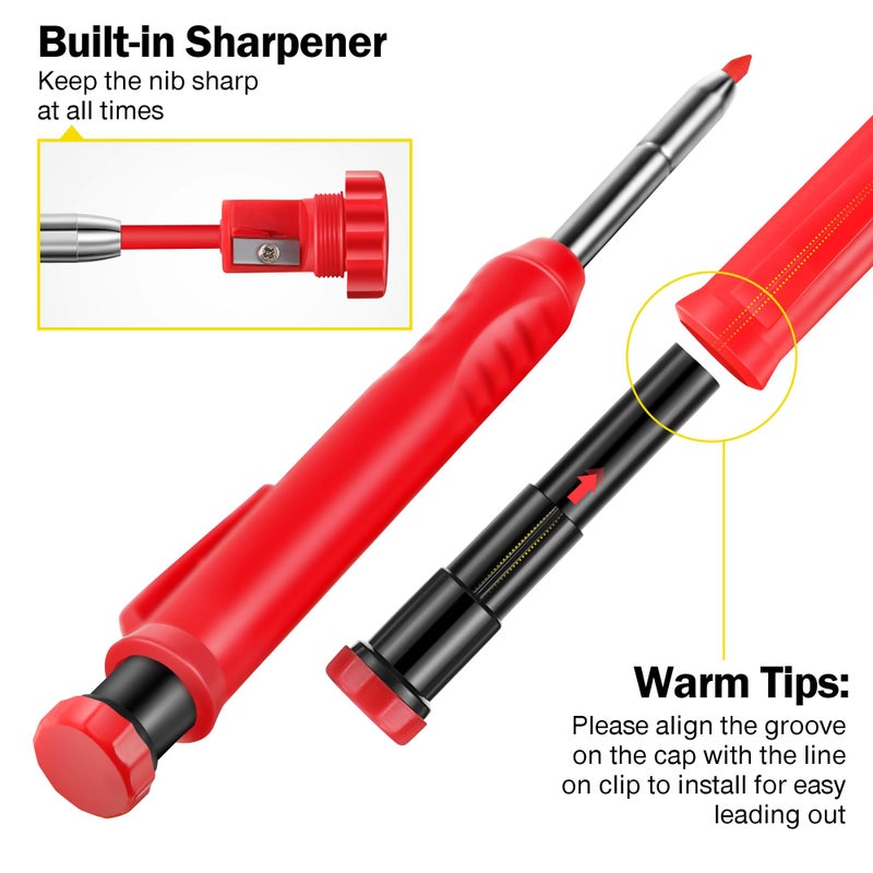 HI-BOOM Hiboom 2 Pack Solid Carpenter Pencil With 14 Refill  Long Nosed Deep Hole Mechanical Pencil Marker With Built-In Sharpener For Carpenter Woodworking Architect With Design Patent (Black  Red) - Image 2