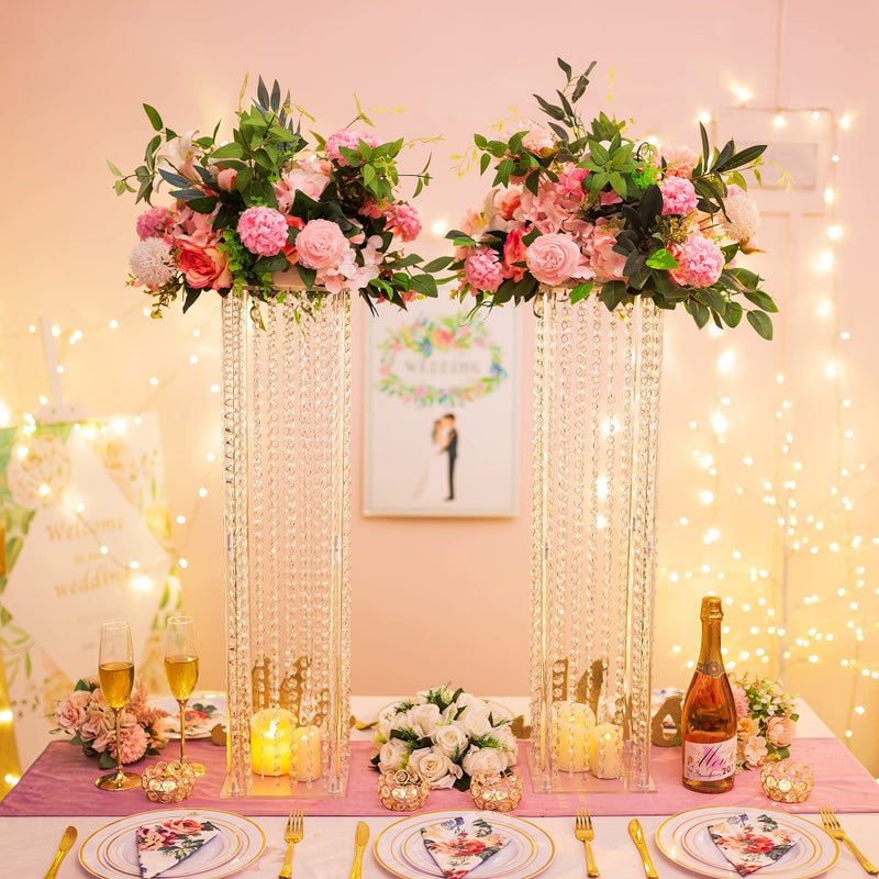 Nuptio Centerpieces for Wedding Table Vases - 2 Pcs 31.5in Tall Flower Vase Crystal Flowers Stand for Party Tables Decorations - Elegant Bulk Weddings Decoration Table Geometric Centerpiece Stands - Image 3