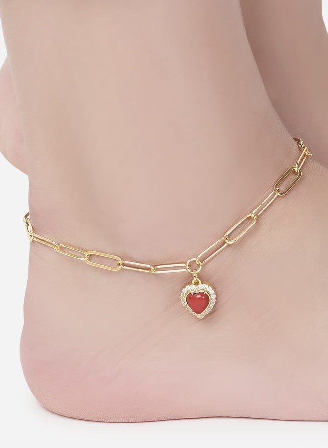 MINUTIAE Heart Shape Stylish Adjustable Anklet for Women & Girls - Gold | Austrian Cubic Zirconia Diamond with Red Stone Symbolize Ruby | The Stone of Love - Image 2