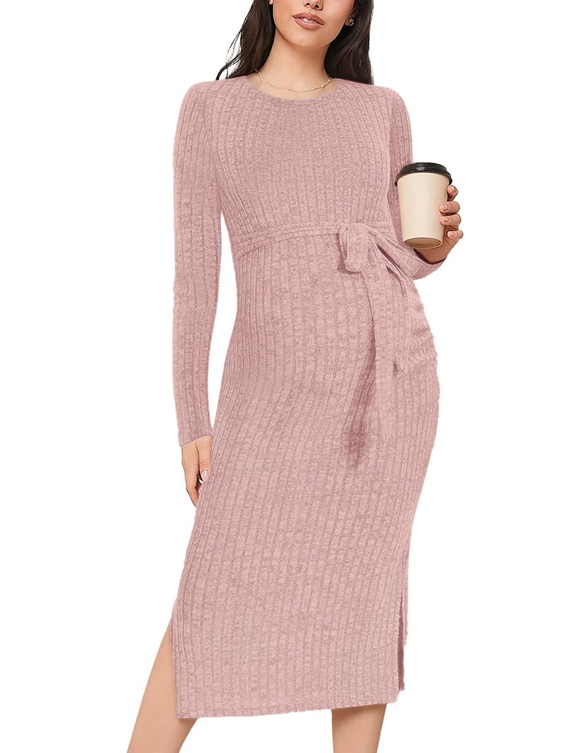 guruixu Crewneck Maternity Sweater Dress Rib Knit Long Sleeve Photoshoot Baby Shower Dresses Slit Pregnancy Sweater Clothes Blush Pink - Image 1