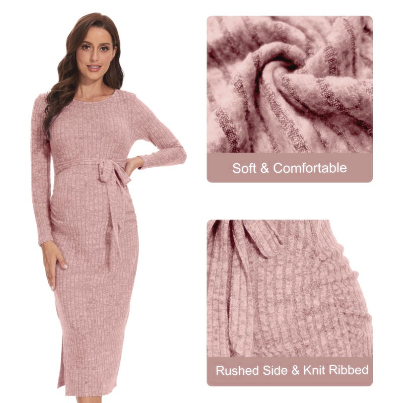 guruixu Crewneck Maternity Sweater Dress Rib Knit Long Sleeve Photoshoot Baby Shower Dresses Slit Pregnancy Sweater Clothes Blush Pink - Image 4