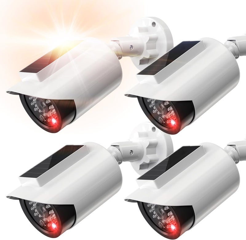 BNT Solar Powered Fake Security Camera, Bullet Shape Fake Surveillance Camera with Red LED Light for Night, Security Warning Sticker, for Outdoor Safety Alert (White 4Pack,Battery not Included) - Image 1