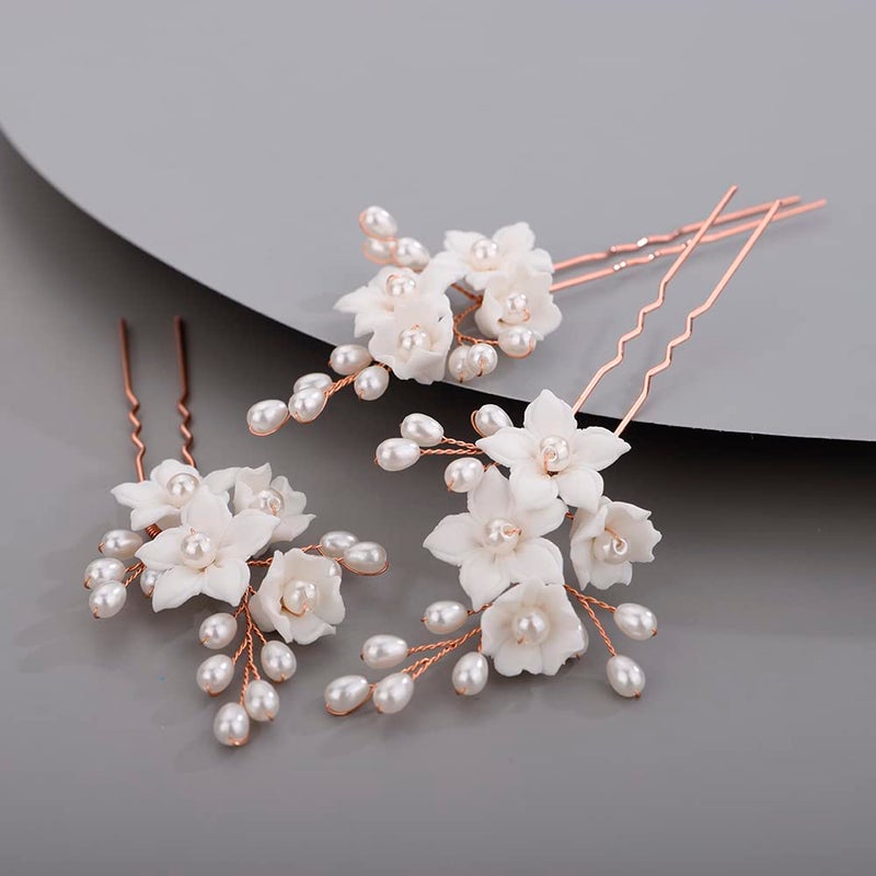 BERYUAN Bridal Flowers Leaves Hair Pins for Bride Women Dainty Pearls Beads Hair Pins for Girls ROSE GOLD 3 pcs