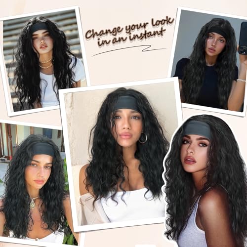 Creamily Long Black Curly Headband Wig for Women,Wavy Synthetic Hair Wig with Headband, Glueless None Lace Front Wigs,Hair Wigs for Woman Full Head(Black, 20 Inches) - Image 2