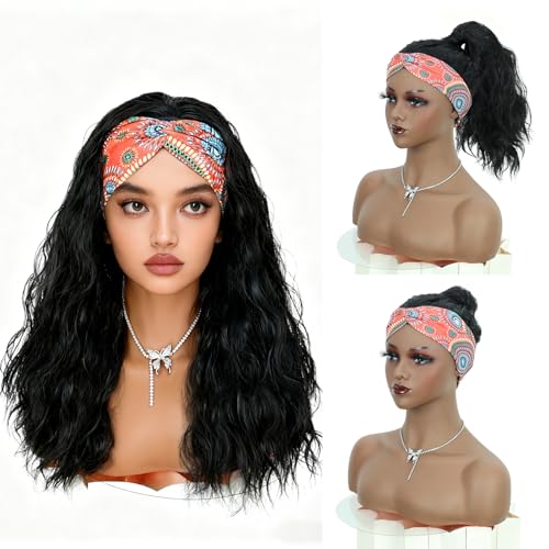 Creamily Long Black Curly Headband Wig for Women,Wavy Synthetic Hair Wig with Headband, Glueless None Lace Front Wigs,Hair Wigs for Woman Full Head(Black, 20 Inches) - Image 3