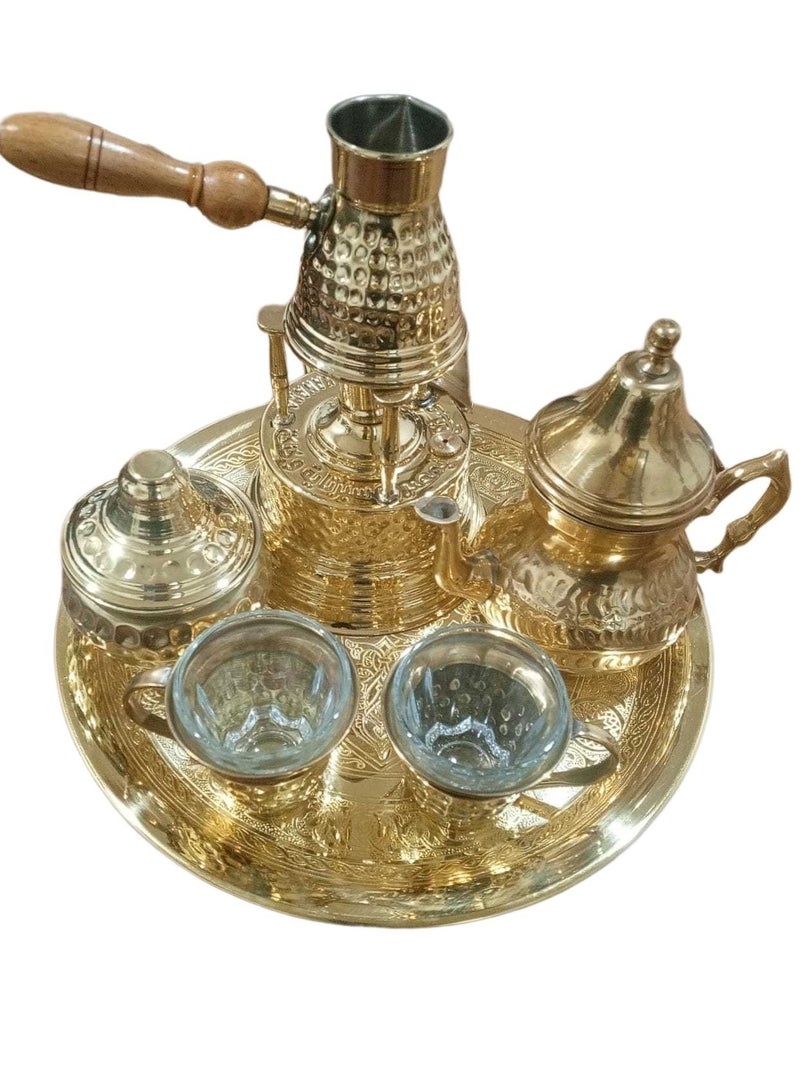 كانكا طقم القهوة التركية 9 قطع من النحاس الخالص سبرتاية , براد شاي,كنكة ,صينية منقوشة , سكرية,2 كوب نحاس ,2 كوب زجاج - Image 1