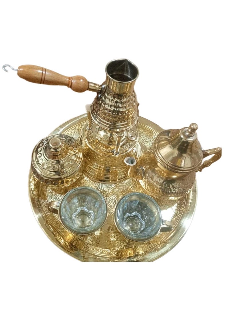 كانكا طقم القهوة التركية 9 قطع من النحاس الخالص سبرتاية , براد شاي,كنكة ,صينية منقوشة , سكرية,2 كوب نحاس ,2 كوب زجاج - Image 2
