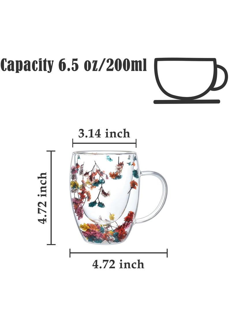 Excefore Double Walled Glass Coffee Mug with Handle, Insulated Layer Coffee Cup, Demitasse Clear Cups with Flower, Perfect for Cappuccino Tea Latte Espresso Hot Beverage (Colorful Flower 300ml) - Image 2