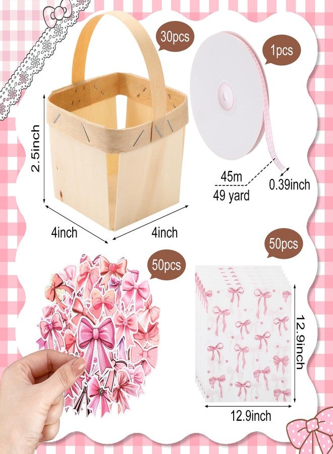 Teecyhooo 30sets One Pint Wood Berry Baskets with Handles Square Berry Basket, Pink Bow DIY Craft Kit with 45m Ribbon, 50pcs Stickers & 50pcs Tissue Paper for baby shower Party Favors, Gift Wrapping - Image 2