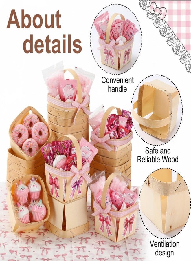 Teecyhooo 30sets One Pint Wood Berry Baskets with Handles Square Berry Basket, Pink Bow DIY Craft Kit with 45m Ribbon, 50pcs Stickers & 50pcs Tissue Paper for baby shower Party Favors, Gift Wrapping - Image 3