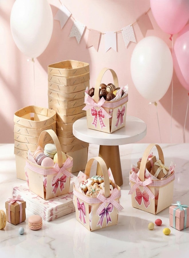 Teecyhooo 30sets One Pint Wood Berry Baskets with Handles Square Berry Basket, Pink Bow DIY Craft Kit with 45m Ribbon, 50pcs Stickers & 50pcs Tissue Paper for baby shower Party Favors, Gift Wrapping - Image 4