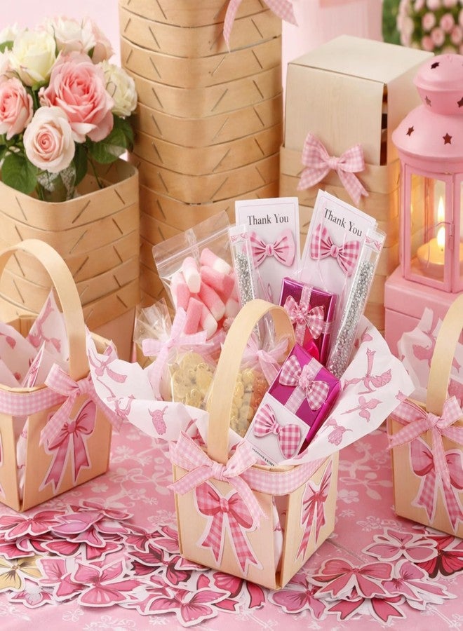 Teecyhooo 30sets One Pint Wood Berry Baskets with Handles Square Berry Basket, Pink Bow DIY Craft Kit with 45m Ribbon, 50pcs Stickers & 50pcs Tissue Paper for baby shower Party Favors, Gift Wrapping - Image 5
