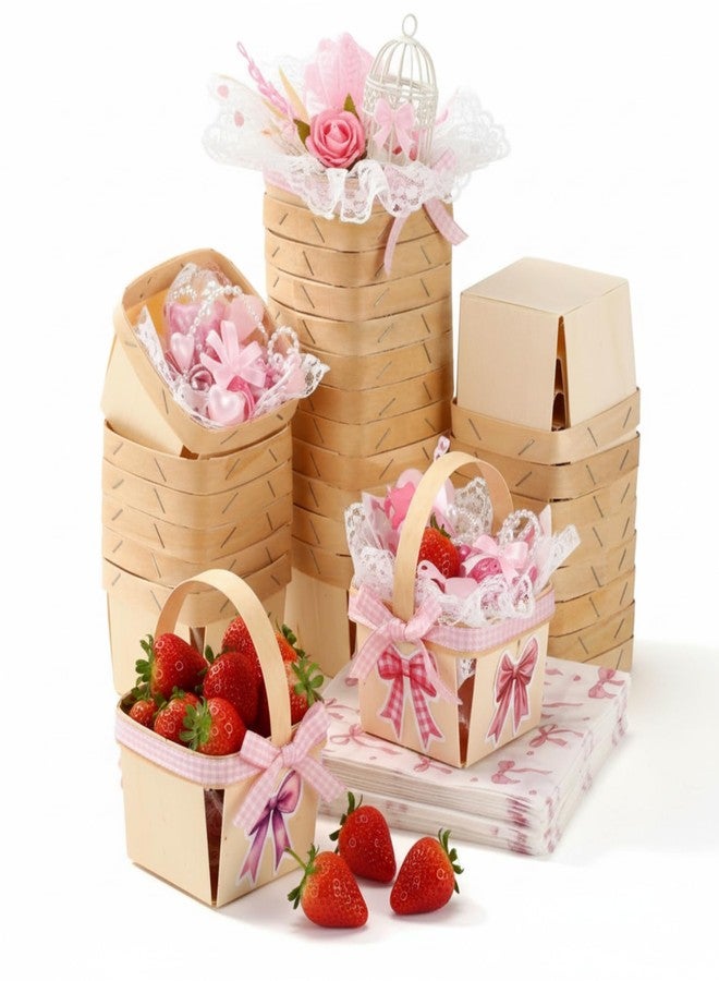 Teecyhooo 30sets One Pint Wood Berry Baskets with Handles Square Berry Basket, Pink Bow DIY Craft Kit with 45m Ribbon, 50pcs Stickers & 50pcs Tissue Paper for baby shower Party Favors, Gift Wrapping - Image 1