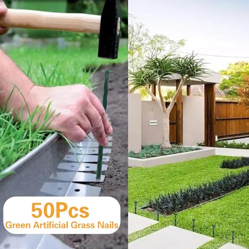 Bakulyor 50 Pack Metal Landscape Stakes, 8 Inch Artificial Grass Nails, 6 Gauge Large Landscaping Staples, Green Edging Anchor Stake for Garden Ground Lawn Paver Timber Border Weed Barrier Spikes 8" - Image 3