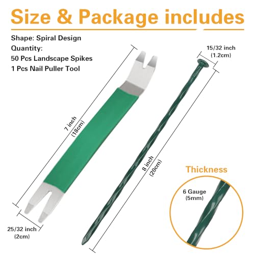 Bakulyor 50 Pack Metal Landscape Stakes, 8 Inch Artificial Grass Nails, 6 Gauge Large Landscaping Staples, Green Edging Anchor Stake for Garden Ground Lawn Paver Timber Border Weed Barrier Spikes 8" - Image 2