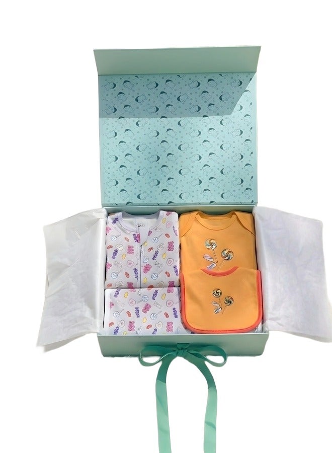 Lullaby Bloom Premium Certified Organic Cotton Newborn Baby Candy Peek-a-Boo Gift Set (0-3M) Essential Gift Set for Baby Girls and Boys - Unisex in cute Treasured Memories Gift Box with 4 Items