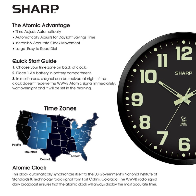 Sharp Glow in the Dark Atomic Analog Wall Clock - 12" Clock with Black Frame - Sets Automatically - Battery Operated - Easy to Read - Easy to Use â€“ See Day or Night! - Image 5
