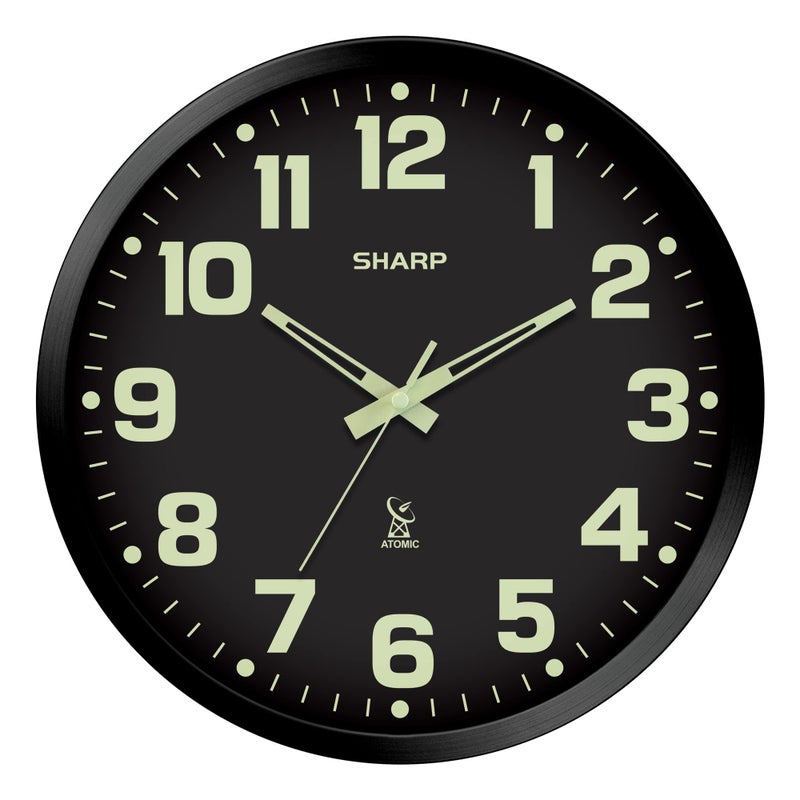 Sharp Glow in the Dark Atomic Analog Wall Clock - 12" Clock with Black Frame - Sets Automatically - Battery Operated - Easy to Read - Easy to Use â€“ See Day or Night! - Image 1