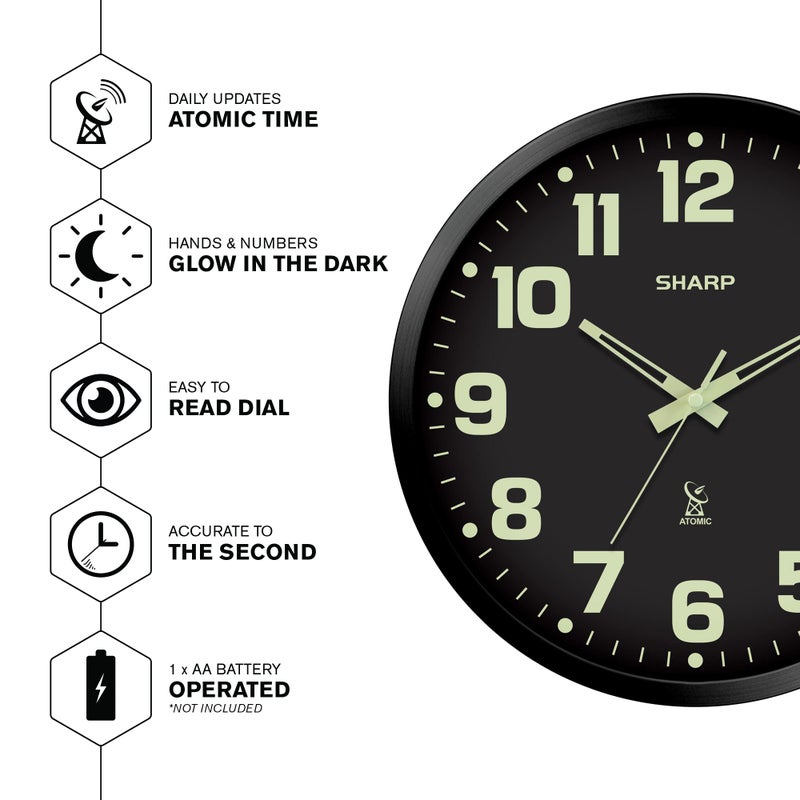 Sharp Glow in the Dark Atomic Analog Wall Clock - 12" Clock with Black Frame - Sets Automatically - Battery Operated - Easy to Read - Easy to Use â€“ See Day or Night! - Image 3