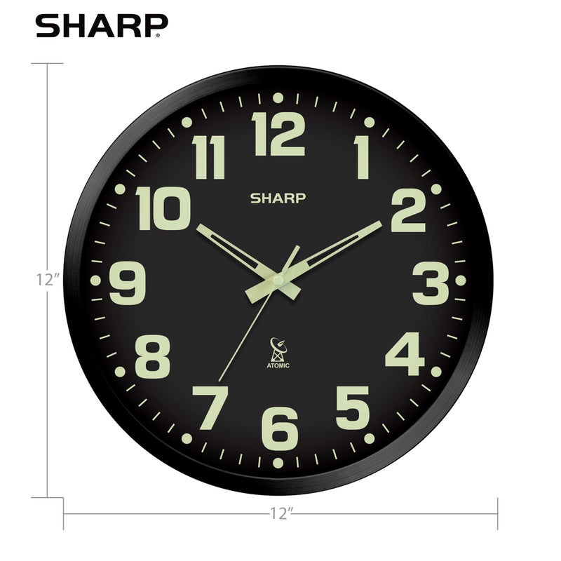 Sharp Glow in the Dark Atomic Analog Wall Clock - 12" Clock with Black Frame - Sets Automatically - Battery Operated - Easy to Read - Easy to Use â€“ See Day or Night! - Image 4