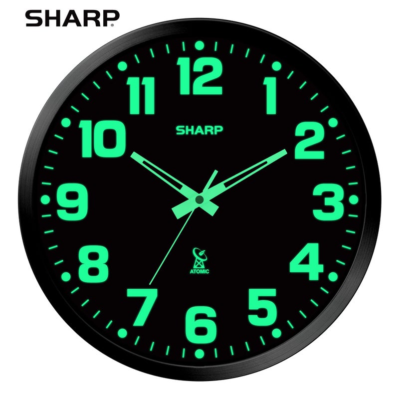 Sharp Glow in the Dark Atomic Analog Wall Clock - 12" Clock with Black Frame - Sets Automatically - Battery Operated - Easy to Read - Easy to Use â€“ See Day or Night! - Image 2