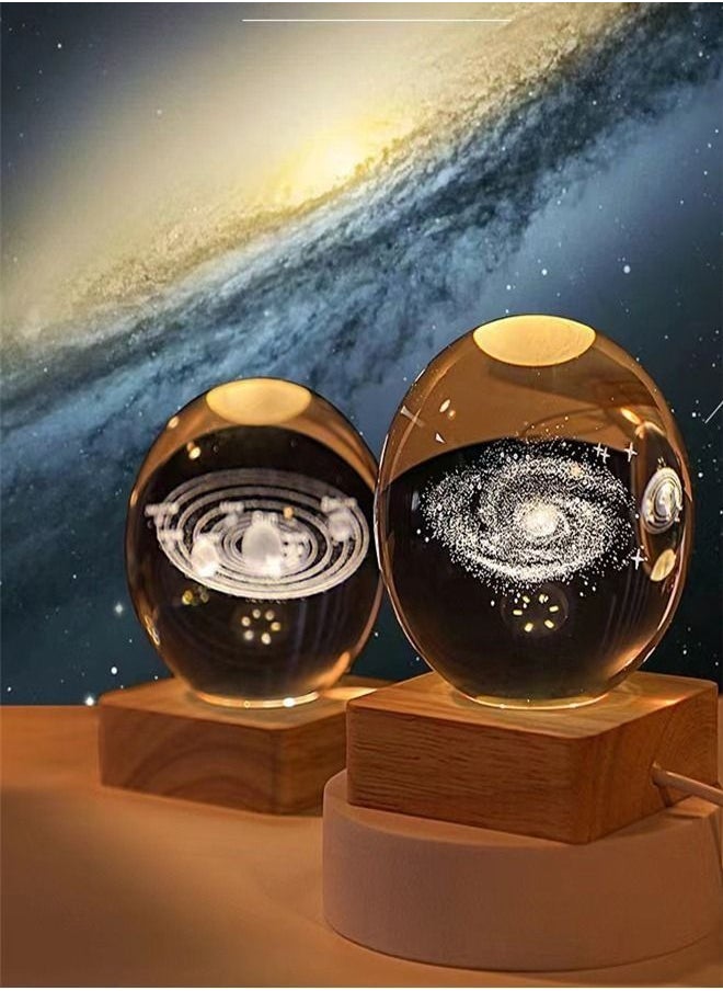 1-Piece Moon Luminous Night Warm Light Ornaments 3D Laser Engraved Crystal Ball Lamp with Wood Base for Home and Office