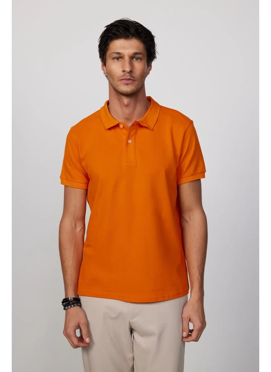 Tudors Men's Slim Fit Narrow Cut Cotton Plain Pique Orange Polo Collar T-Shirt