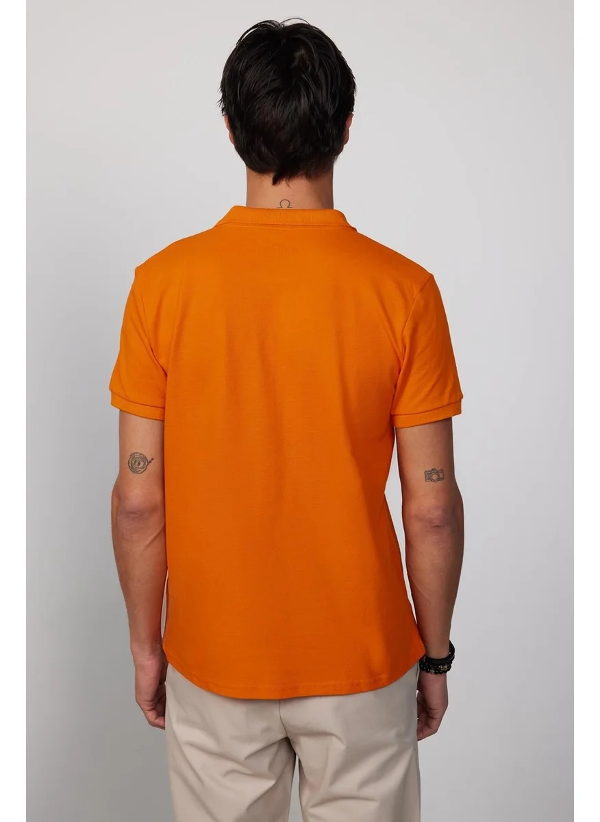 Tudors Men's Slim Fit Narrow Cut Cotton Plain Pique Orange Polo Collar T-Shirt