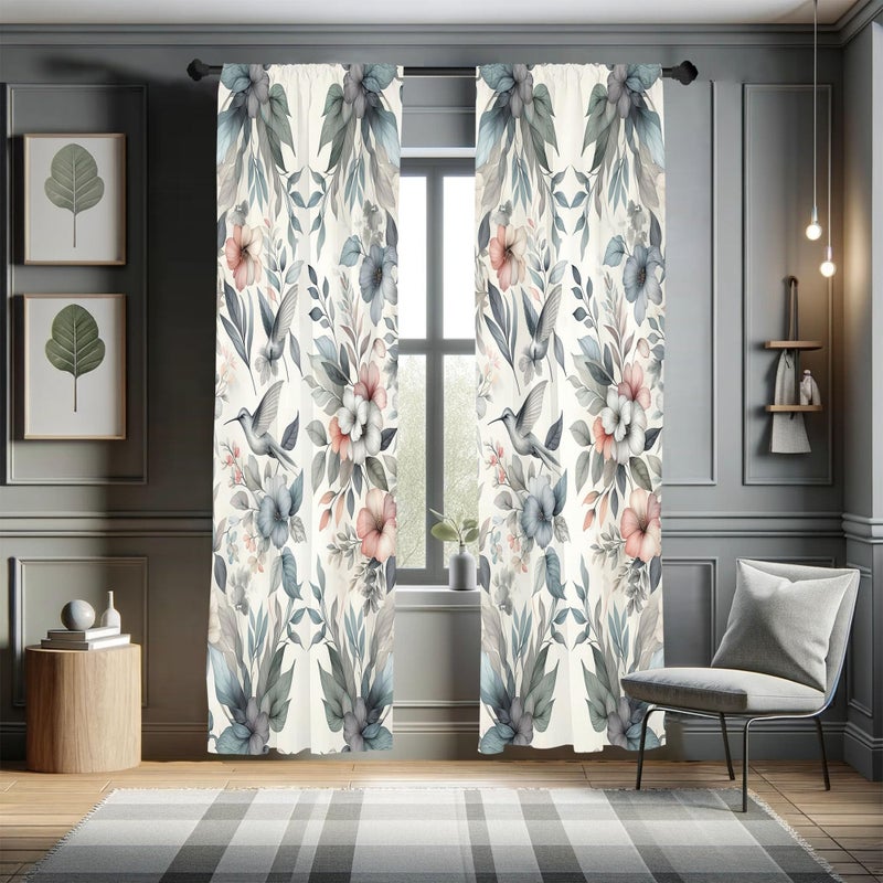 Ambesonne Birds and Nature Curtains  Muted Tone Leafy Floral Huddles with Hummingbirds Urban Jungle  Window Treatments 2 Panel Set for Living Room Bedroom  Pair of - 28"" x 63""  Blue Grey Dried Rose - Image 1
