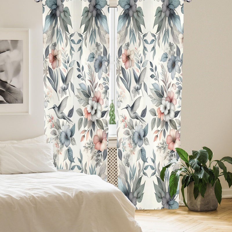 Ambesonne Birds and Nature Curtains  Muted Tone Leafy Floral Huddles with Hummingbirds Urban Jungle  Window Treatments 2 Panel Set for Living Room Bedroom  Pair of - 28"" x 63""  Blue Grey Dried Rose - Image 4