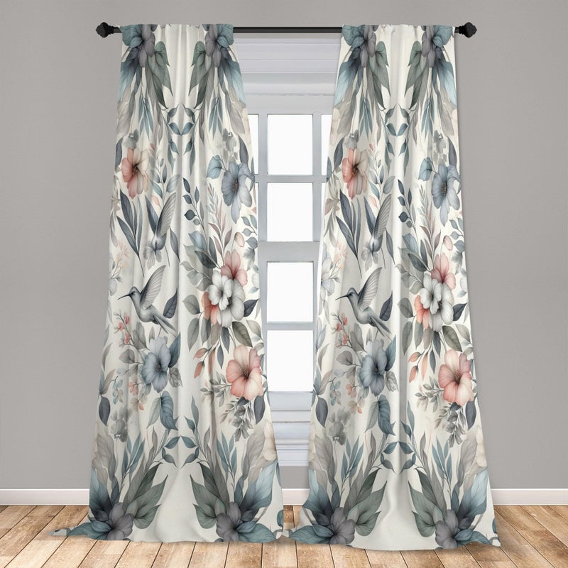 Ambesonne Birds and Nature Curtains  Muted Tone Leafy Floral Huddles with Hummingbirds Urban Jungle  Window Treatments 2 Panel Set for Living Room Bedroom  Pair of - 28"" x 63""  Blue Grey Dried Rose - Image 3