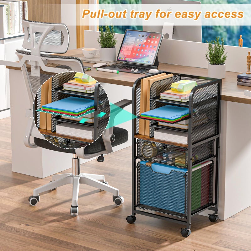 Feyejade 6-Tier Rolling File Cart with 2 Drawers, File Cabinet Organizer for Hanging File Folders, Letter-Size File Storage with Wheels, Multi-Layer Mobile Filing Cabinet for Office and Home - Image 4