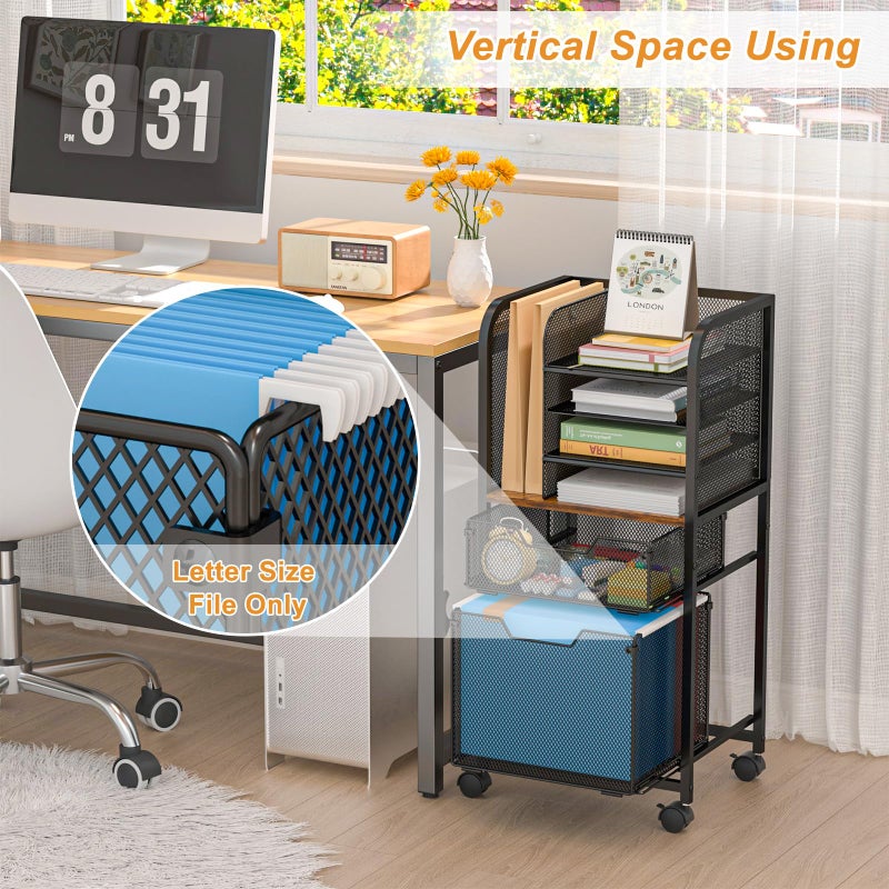 Feyejade 6-Tier Rolling File Cart with 2 Drawers, File Cabinet Organizer for Hanging File Folders, Letter-Size File Storage with Wheels, Multi-Layer Mobile Filing Cabinet for Office and Home - Image 2