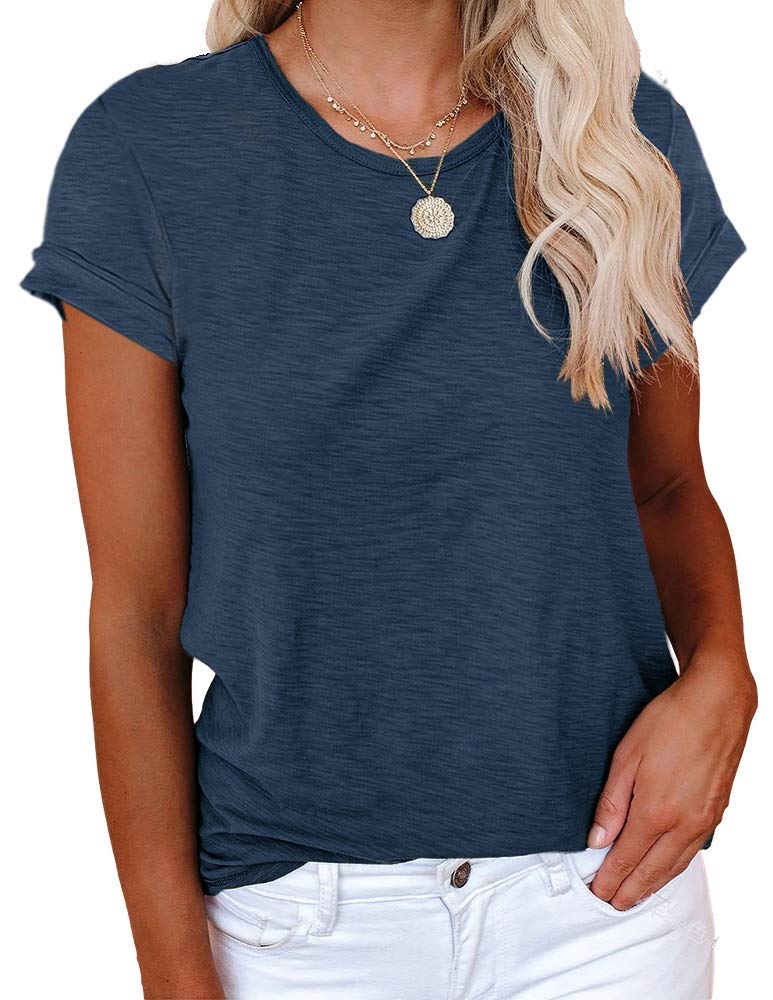 Cicy Bell Women's Short Sleeve Shirts Crewneck Loose Casual Summer Basic Tees Tops Navy - Image 1