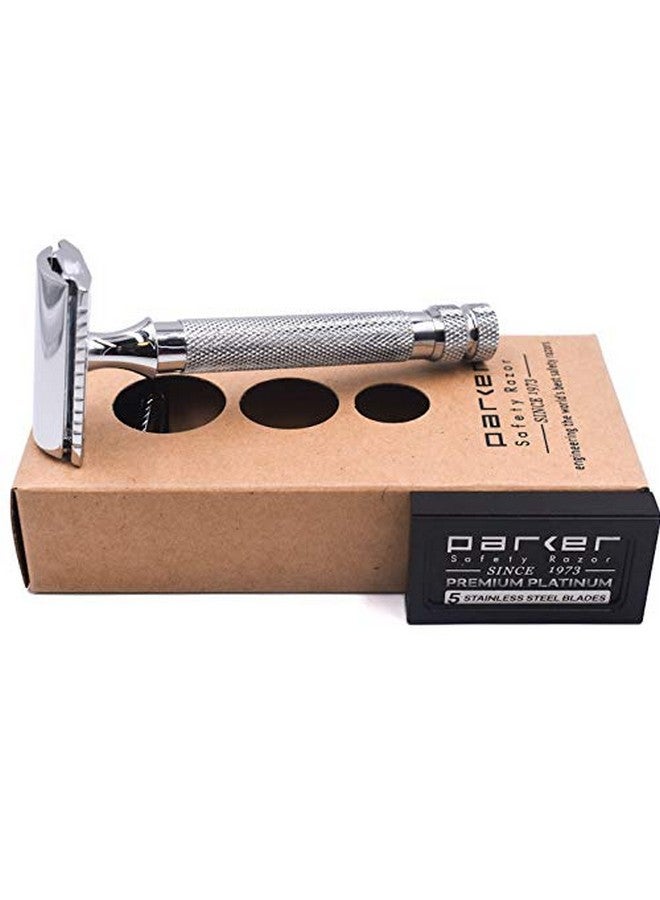 باركر سيفتي رازور ماكينة حلاقة باركر 91R الآمنة ذات الحافة المزدوجة - ماكينة حلاقة آمنة ثقيلة الوزن مكونة من ثلاث قطع بإطار من النحاس ومقبض مموج مطلي بالكروم - تتضمن 5 شفرات حلاقة باركر بلاتينيوم فاخرة ذات حافة مزدوجة - Image 5
