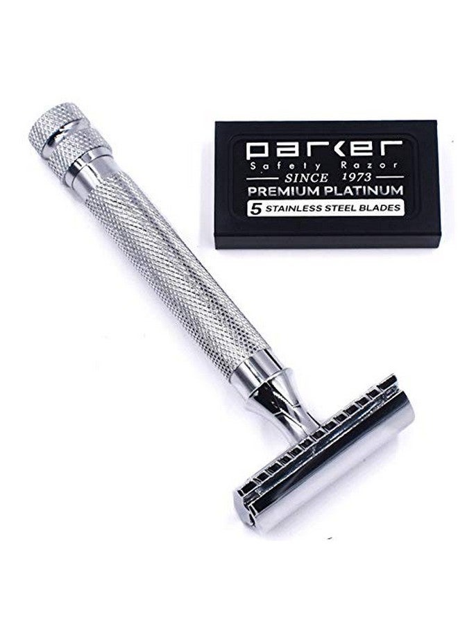 باركر سيفتي رازور ماكينة حلاقة باركر 91R الآمنة ذات الحافة المزدوجة - ماكينة حلاقة آمنة ثقيلة الوزن مكونة من ثلاث قطع بإطار من النحاس ومقبض مموج مطلي بالكروم - تتضمن 5 شفرات حلاقة باركر بلاتينيوم فاخرة ذات حافة مزدوجة - Image 4