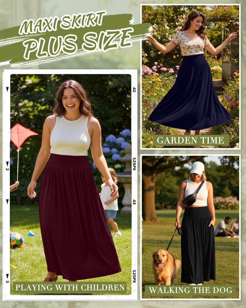 Ficerd 3 Pack Plus Size Maxi Skirts for Curvy Women Pockets Casual 2026 Summer Flowy Long Skirt A Line High Waist Soft Dress(Black, Navy Blue, Burgundy,3X-Large) - Image 4