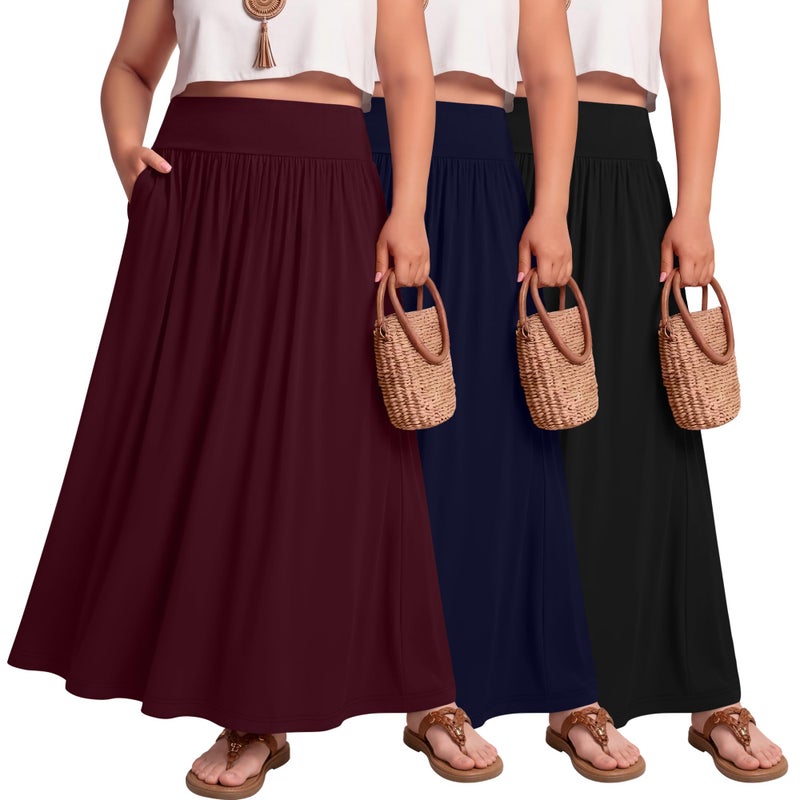 Ficerd 3 Pack Plus Size Maxi Skirts for Curvy Women Pockets Casual 2026 Summer Flowy Long Skirt A Line High Waist Soft Dress(Black, Navy Blue, Burgundy,3X-Large) - Image 1