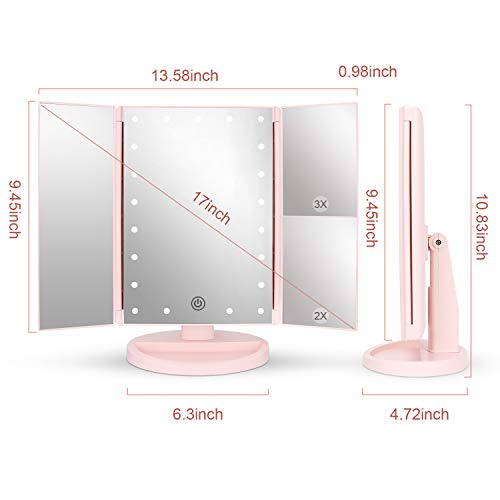 deweisn Tabletop Mount Tri-Fold Lighted Vanity Mirror with 21 LED Lights, Touch Screen and 3X/2X/1X Magnification, Two Power Supply Modes Make Up Mirror,Travel Mirror - Image 3