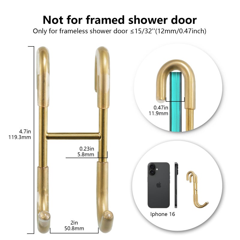 NINETREX Shower Door Hooks,Over Glass Door Hooks for Bathrooms Frameless Glass,Heavy Duty SUS 304 Stainless Steel Hook for Towels,Squeegee,Loofah,Shaver,Robe,2 Pack,Gold - Image 3