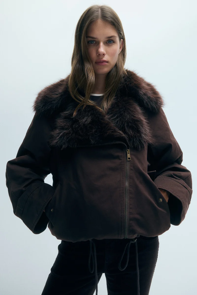Fluffy-collared twill jacket