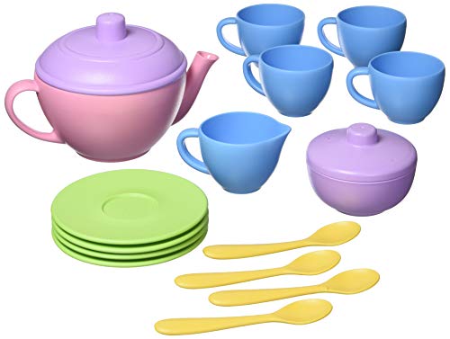 Green Toys طقم شاي ألعاب خضراء وردي 4C 17 قطعة لعب تمثيلي مهارات حركية لغة تواصل للأطفال لعبة تمثيل خالية من BPA والفثالات وPVC آمنة في غسالة الصحون مصنوعة من بلاستيك معاد تدويره مصنوعة في الولايات المتحدة - Image 1