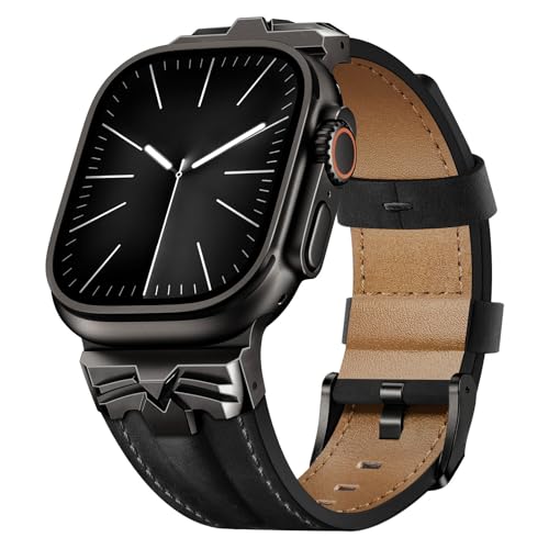 DABAOZA Leather Band Compatible for Apple Watch Ultra 3/2 Band 49mm 46mm 45mm 44mm,Genuine Leather Matel Replacement Strap for iWatch Ultra 3 2 1 Series 11 10 9 8 7 6 5 4 SE 3 2 1（Black/Black） - Image 1