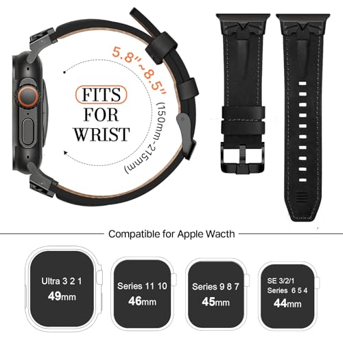 DABAOZA Leather Band Compatible for Apple Watch Ultra 3/2 Band 49mm 46mm 45mm 44mm,Genuine Leather Matel Replacement Strap for iWatch Ultra 3 2 1 Series 11 10 9 8 7 6 5 4 SE 3 2 1（Black/Black） - Image 3