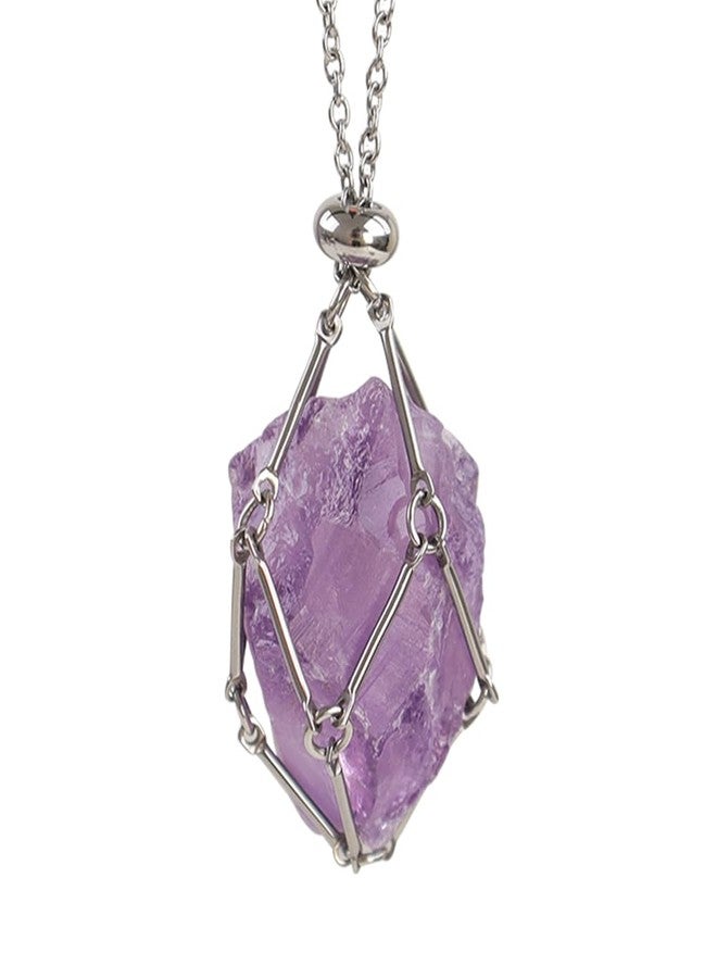 Anjiucc Handmade Crystal Holder Necklace - Stainless Steel Cage for Stone, Crystal Pendant Necklace,Quartz Gemstone Jewelry for Women Men., Universal size, Gemstone, Amethyst - Image 1