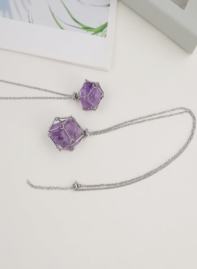 Anjiucc Handmade Crystal Holder Necklace - Stainless Steel Cage for Stone, Crystal Pendant Necklace,Quartz Gemstone Jewelry for Women Men., Universal size, Gemstone, Amethyst - Image 3