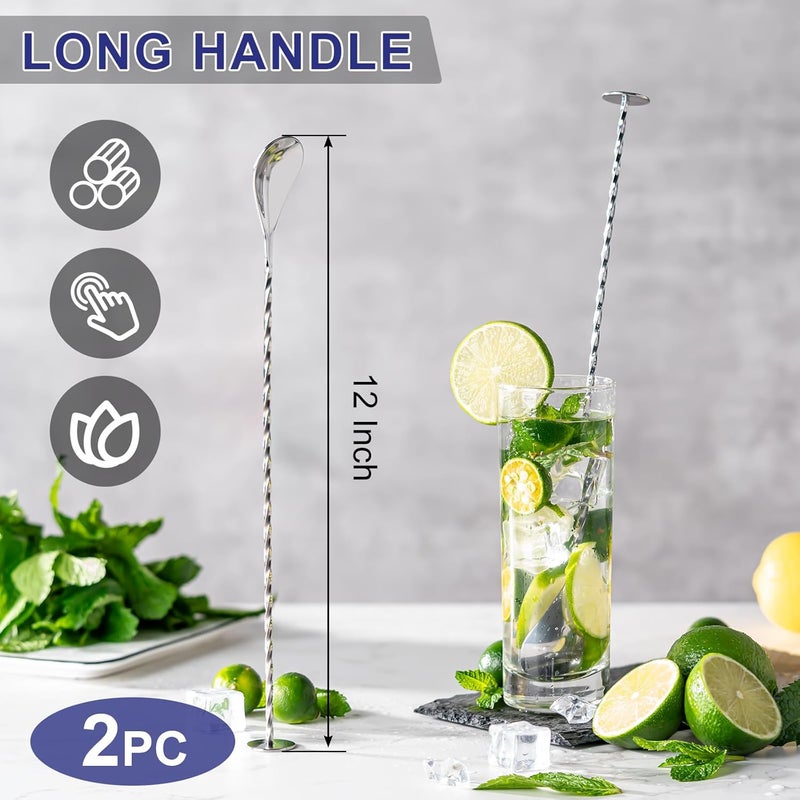 Briout 2 Pcs Bar Spoon, 12 Inches Long Handle Drink Stirrer, Stainless Steel Bar Cocktail Mixing Spoons with Round Base for Stirring, Silver - Image 2