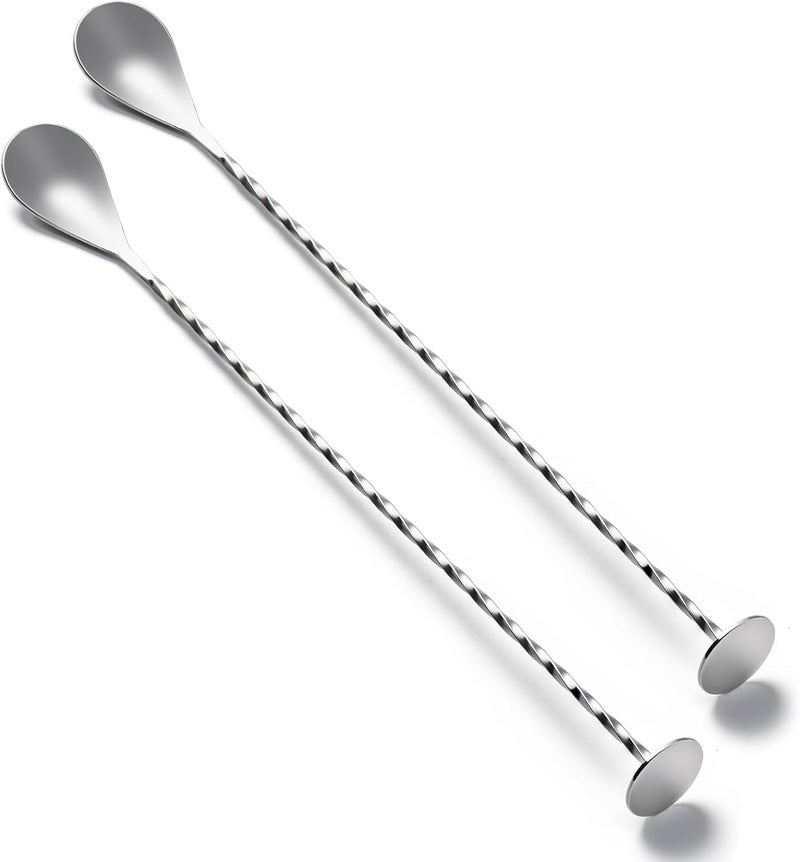 Briout 2 Pcs Bar Spoon, 12 Inches Long Handle Drink Stirrer, Stainless Steel Bar Cocktail Mixing Spoons with Round Base for Stirring, Silver - Image 1