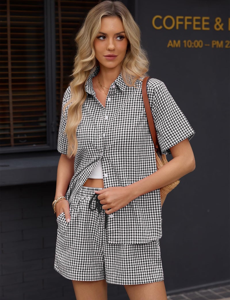Rapbin Women 2 Piece Short Sleeve Summer Cotton Sets Matching Vacation Gingham Sets Casual Two Piece Plaid Shirt and Shorts Set Black and white plaidï¼ˆcottonï¼‰ M - Image 3
