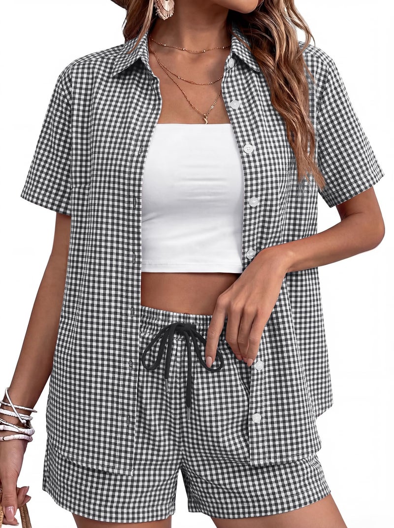 Rapbin Women 2 Piece Short Sleeve Summer Cotton Sets Matching Vacation Gingham Sets Casual Two Piece Plaid Shirt and Shorts Set Black and white plaidï¼ˆcottonï¼‰ M - Image 1